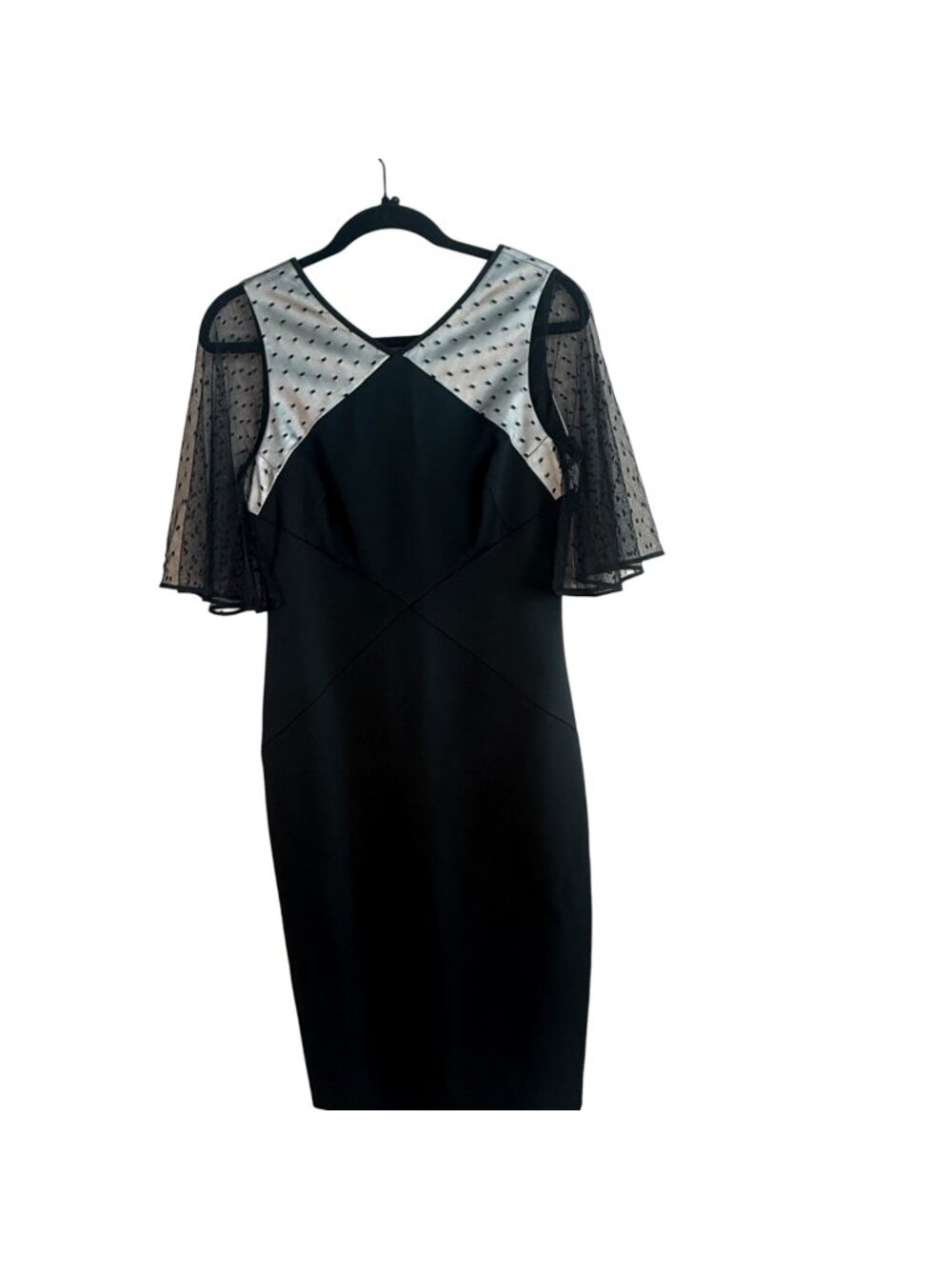 Karen Millen Black Dot Pencil Dress With Sheer Polka Dot Sleeve Size 8